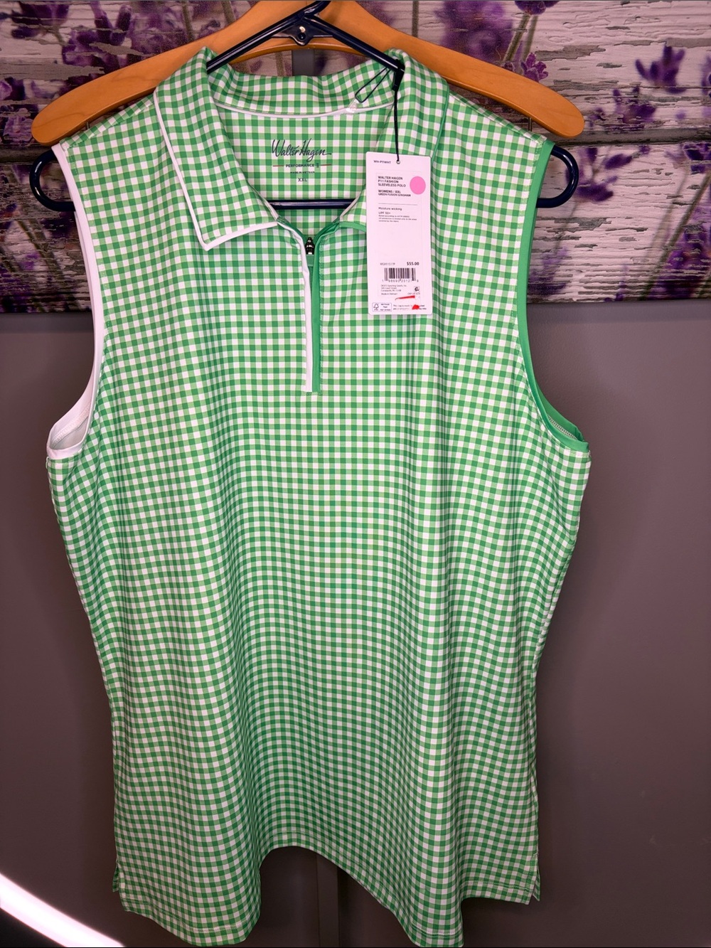 Women’s Walter Hagen Green & White Gingham Sleeveless Zip Polo NWT Size XXL
